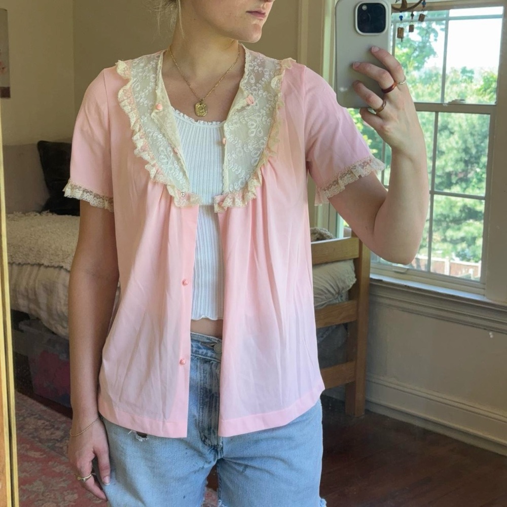 Vintage Bed Jacket Pink Satin Pajama Lingerie Top